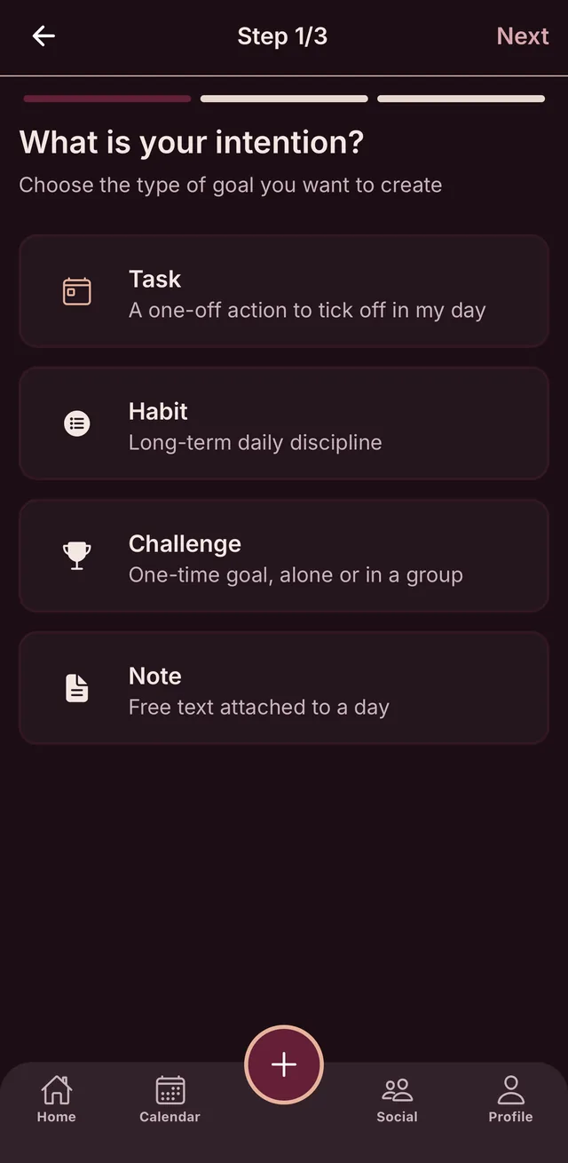Creation screen: task, habit, challenge or note