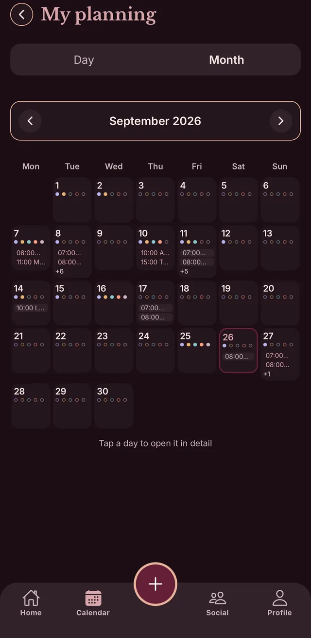 Month view of the planner showing the filled days