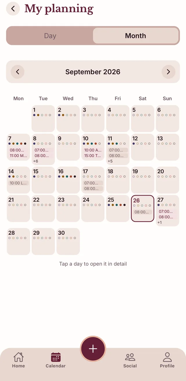 Month view of the planner showing the filled days