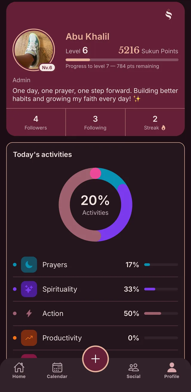 Profile: level, Sukun Points and activity breakdown