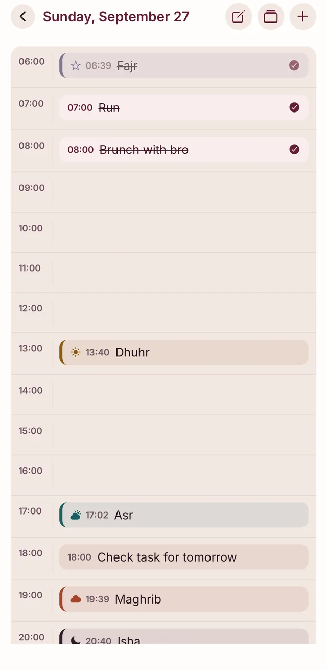 Day timeline in Sukun+ with prayer times